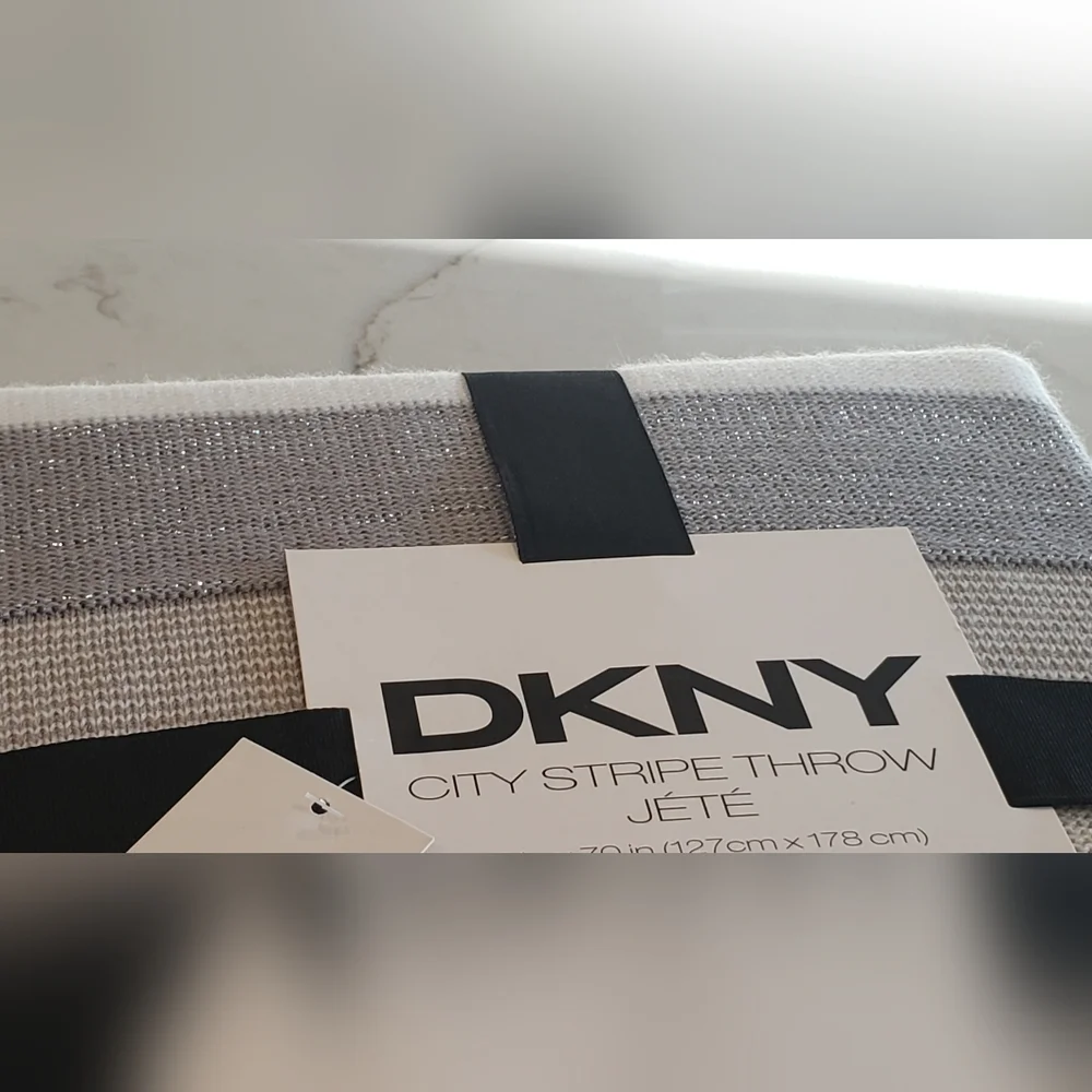 Metallic Sparkle DKNY City Stripe Throw Blanket Neutral Silver, Gray, Tan, Cream